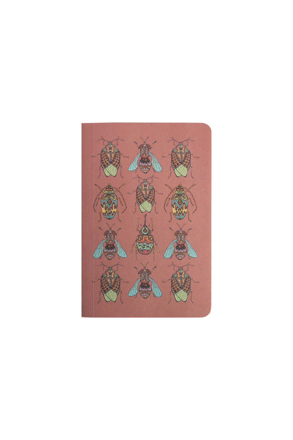 Notebook with beetle illustrations on a pink cover against a white background