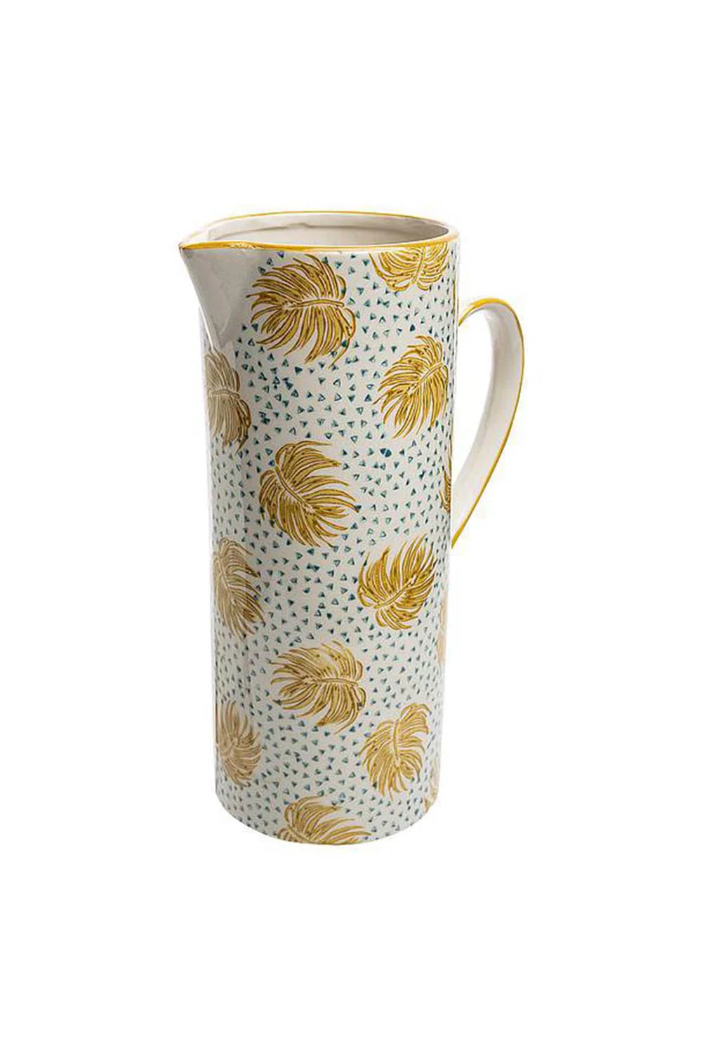 Decorative pitcher with yellow leaf pattern on a white background