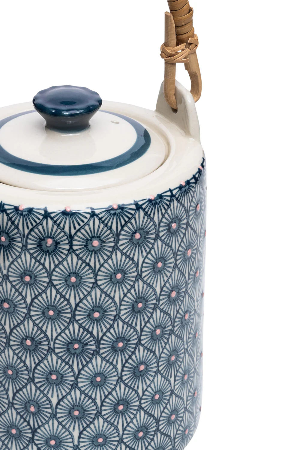 close-up of blue patterned teapot