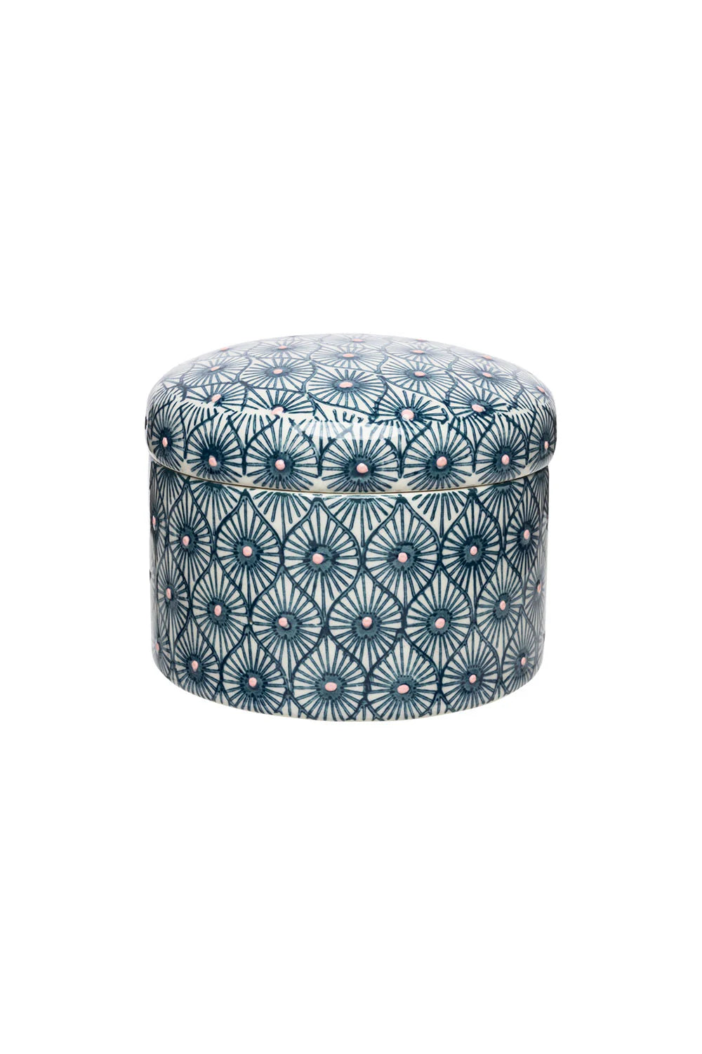 Round canister with a blue and white pattern on a white background