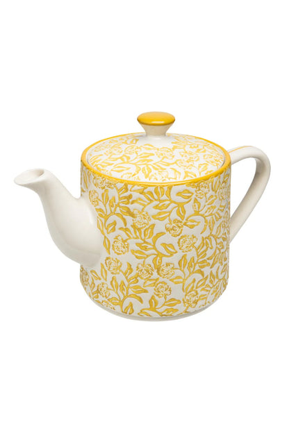 Teapot with yellow floral pattern on a white background