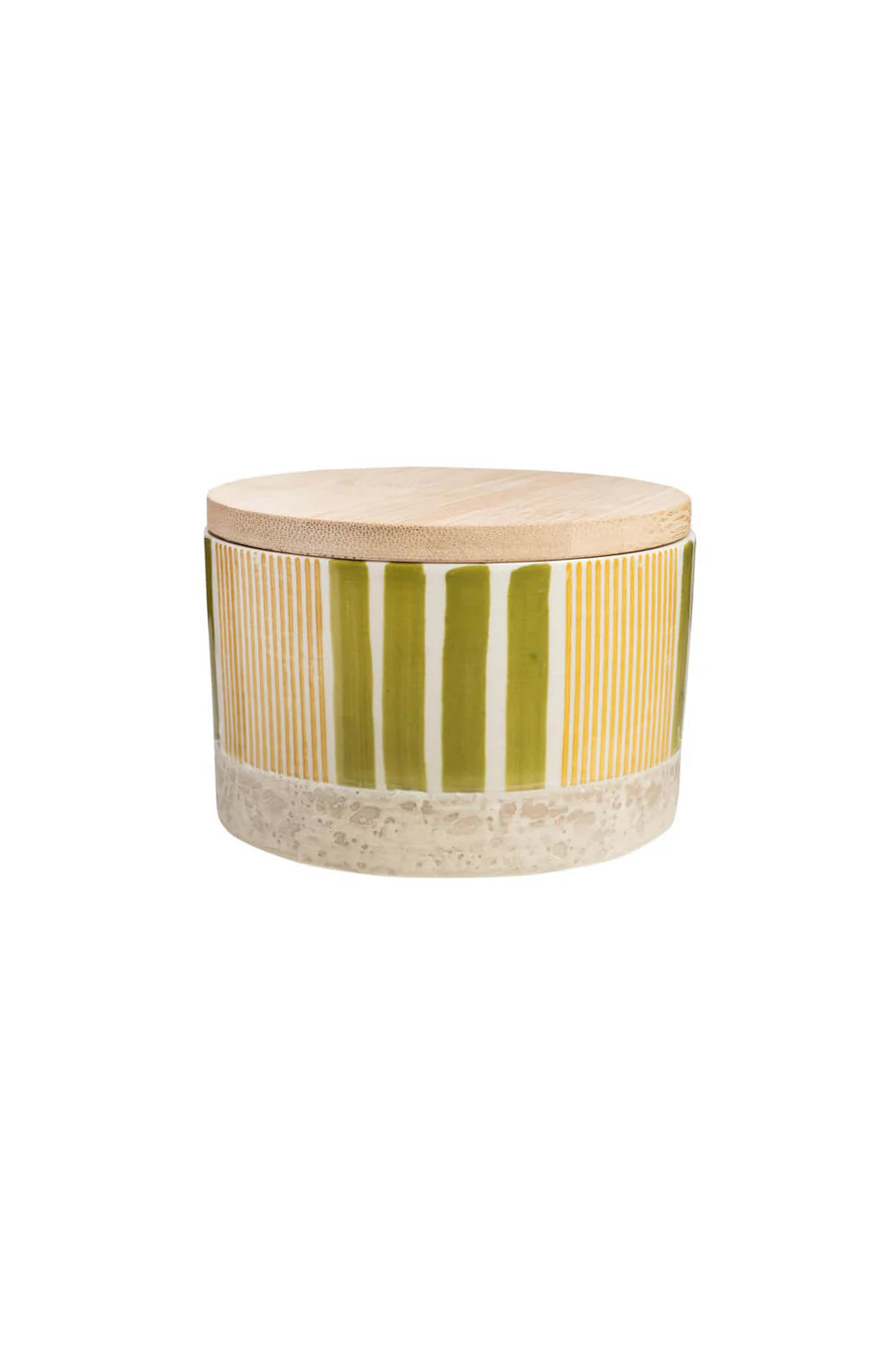Decorative storage jar with striped design and wooden lid on a white background