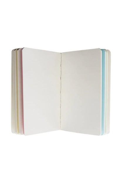 Open notebook with pages fanned out on a white background