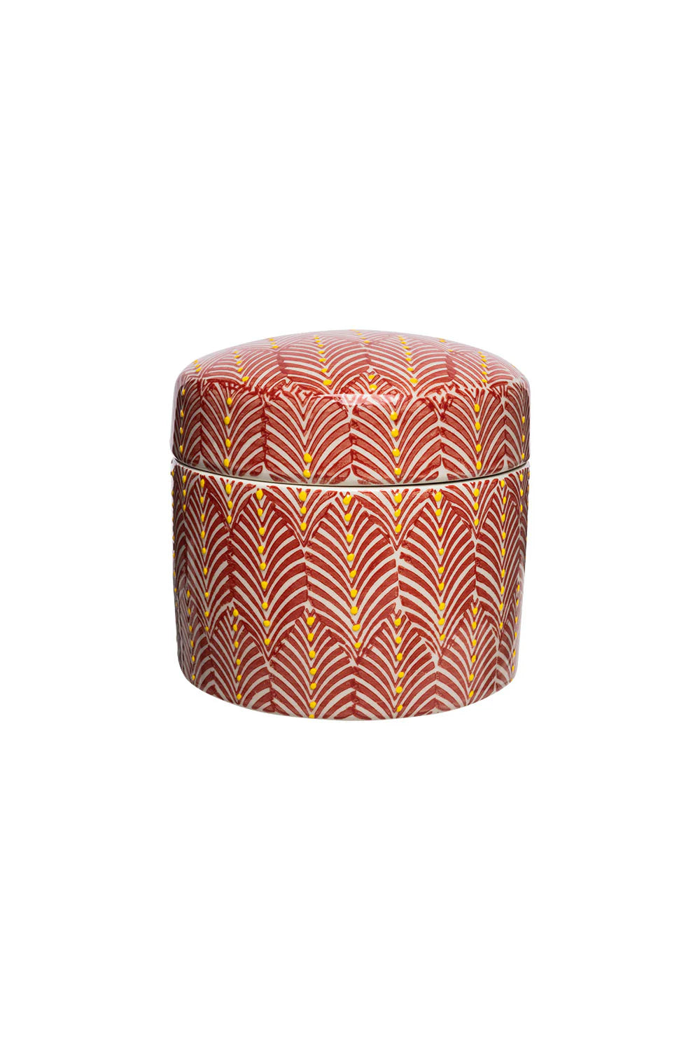 Decorative cylindrical container with a red and yellow pattern on a white background