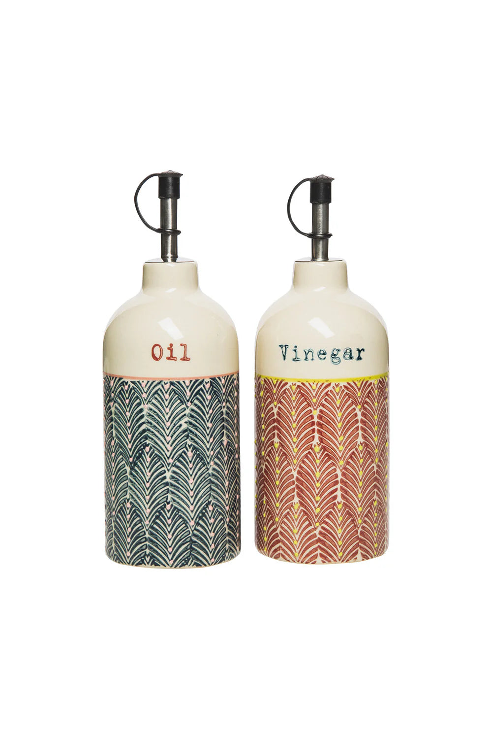 Two ceramic oil and vinegar bottles with decorative patterns on a white background