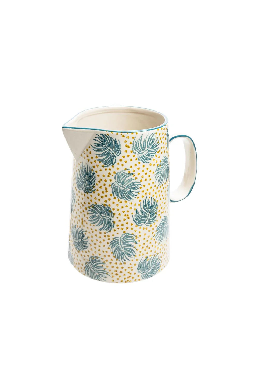 Ceramic pitcher with blue  leaf pattern on a white background