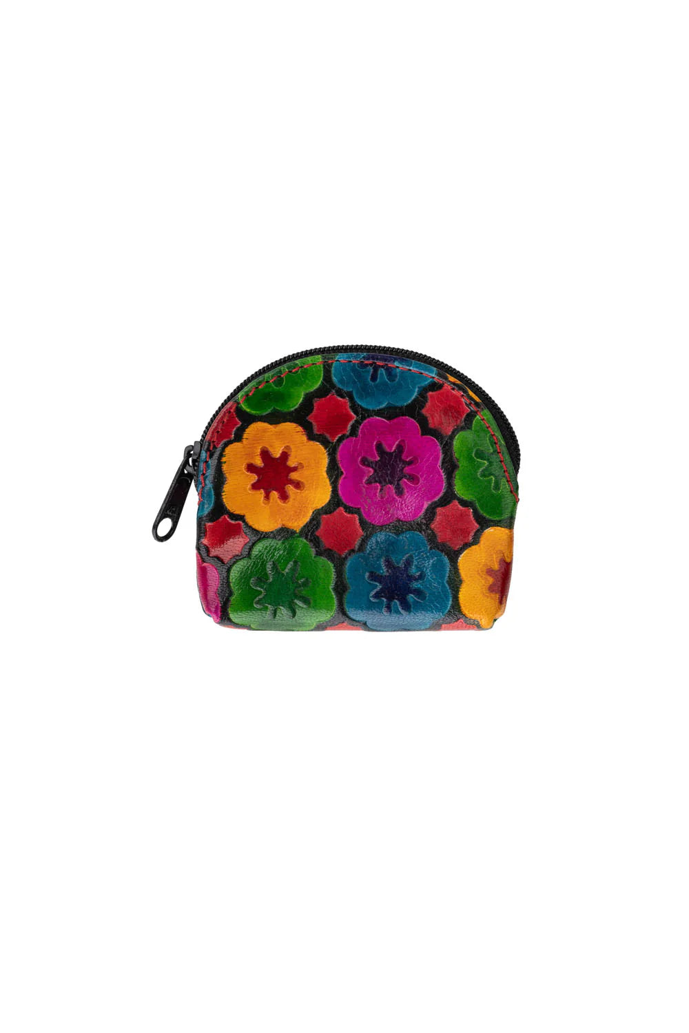 Colorful floral-patterned coin purse on a white background