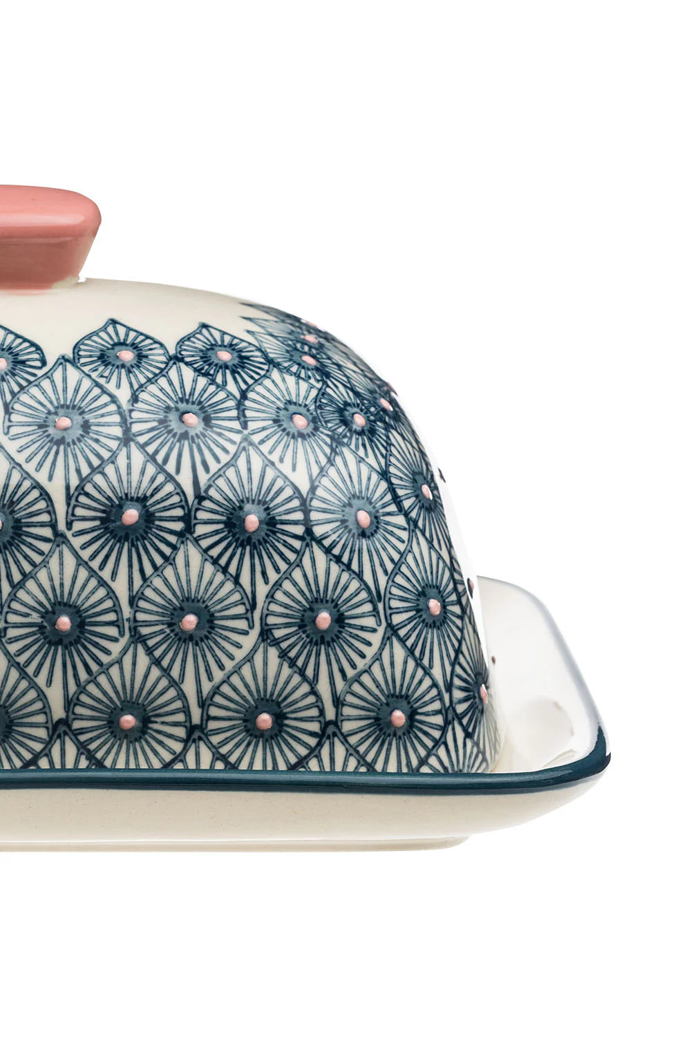 close-up of Butter Dish showing blue pattern