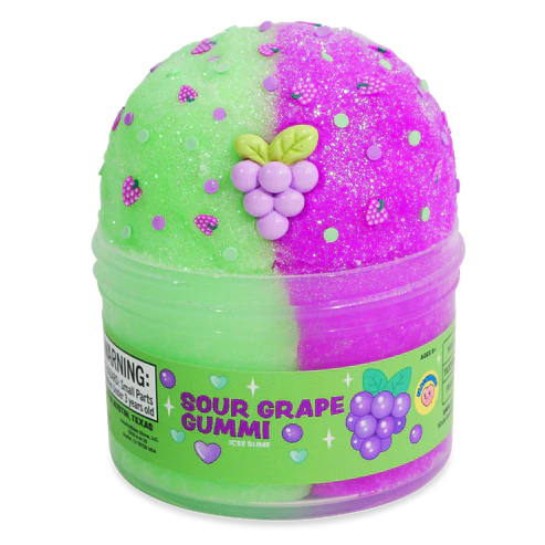 peachybbies slime container filled with green and purple slime, grape charms and sprinkles. note that this is slime and not food