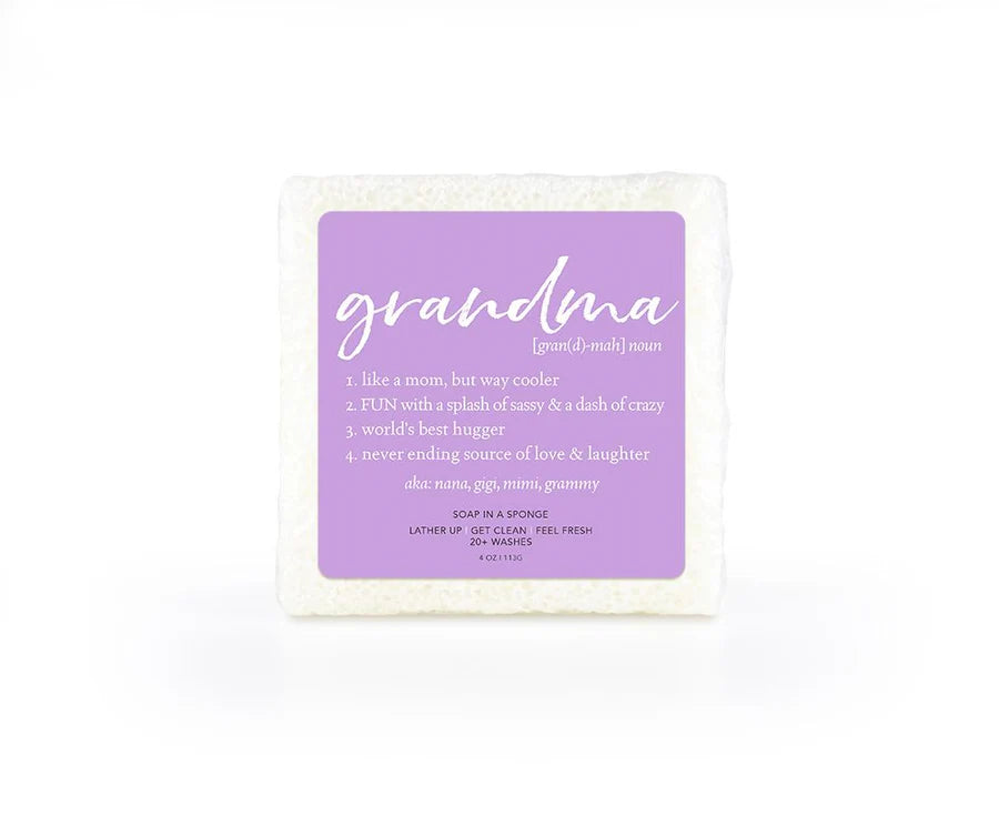 white square "grandma" sponge with purple label.