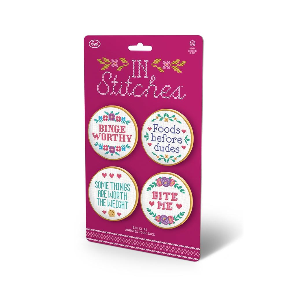 4 assorted in stitches bag clips on card packaging.