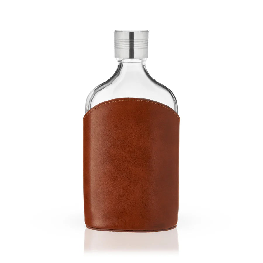 empty Leather-Wrapped Glass Flask shown on a white background