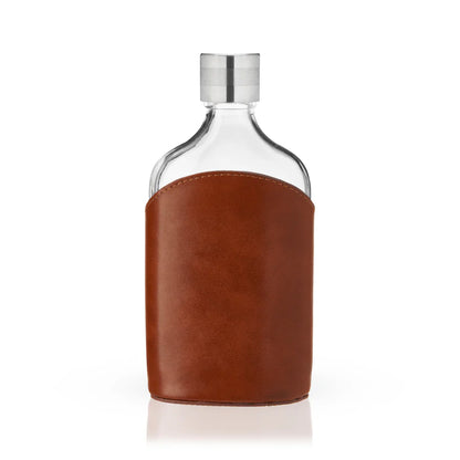 empty Leather-Wrapped Glass Flask shown on a white background