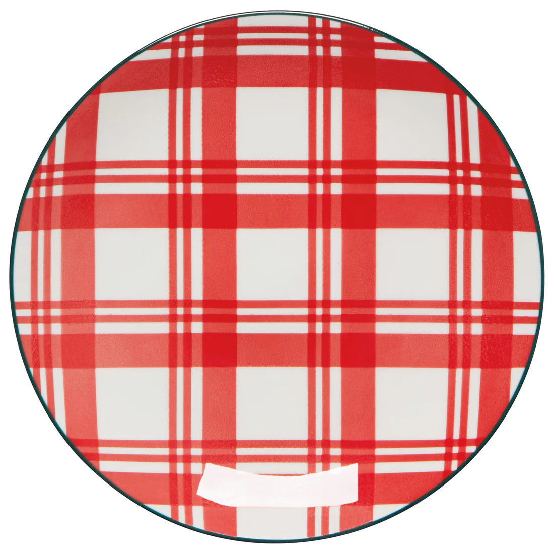 white plate with red plaid design.