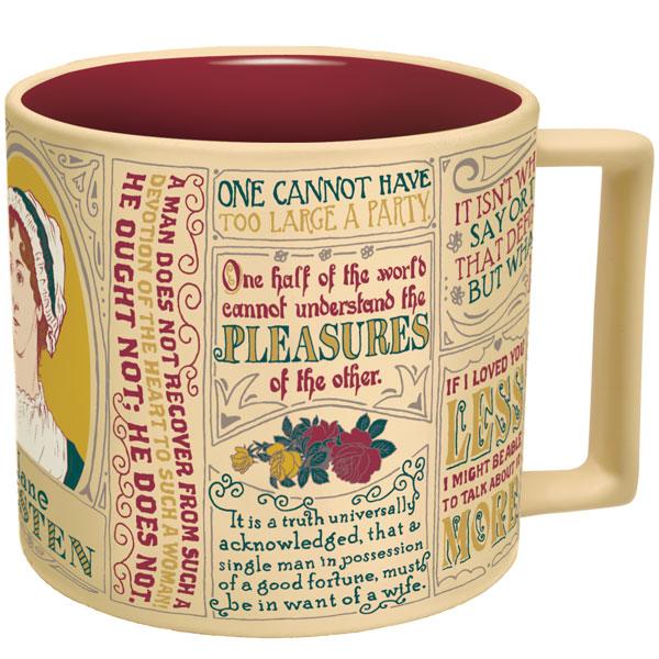 tan mug with multi colored Jane Austen quotes