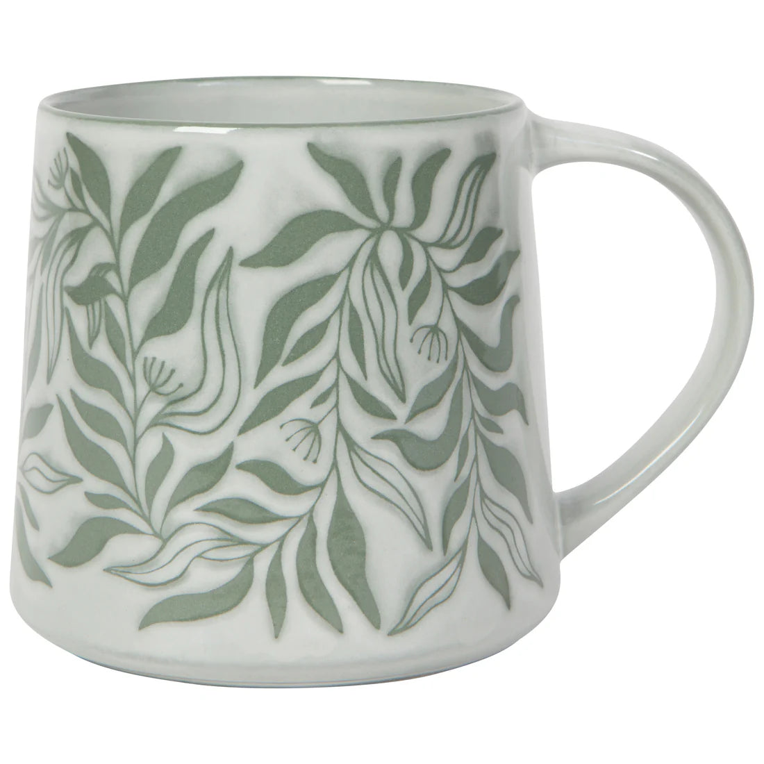 White mug with green leaf pattern on a white background