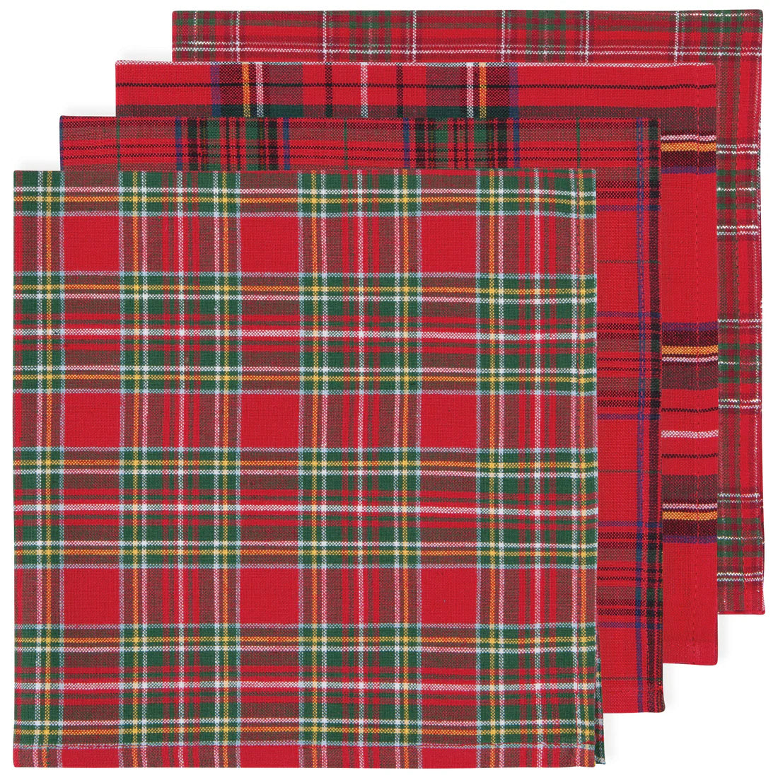 4 assorted plaid napkins arranged overlapping on a white background.