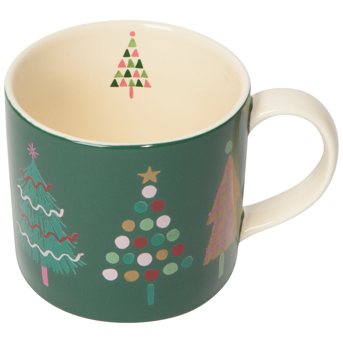 angel view of of green mug with christmas tree design showing small tree on interior rim