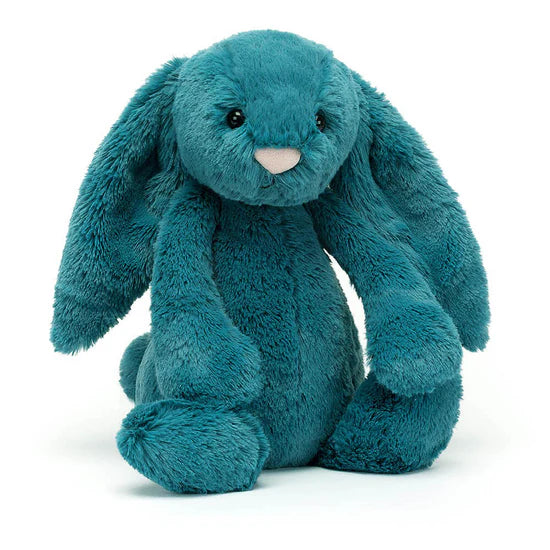 Bashful Teal Bunny Plush Toy sitting on a white background