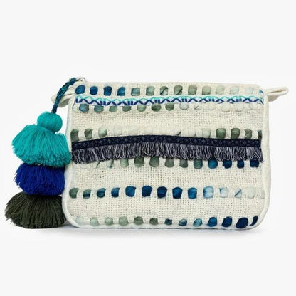 woven printed pouch with tassels and fringe.