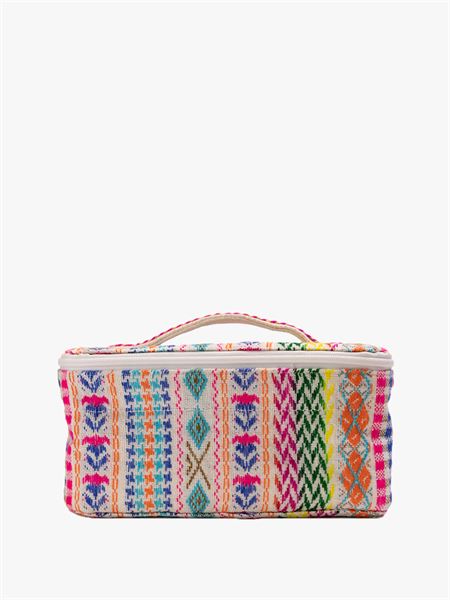 multi-colored travel case with geometric pattern.