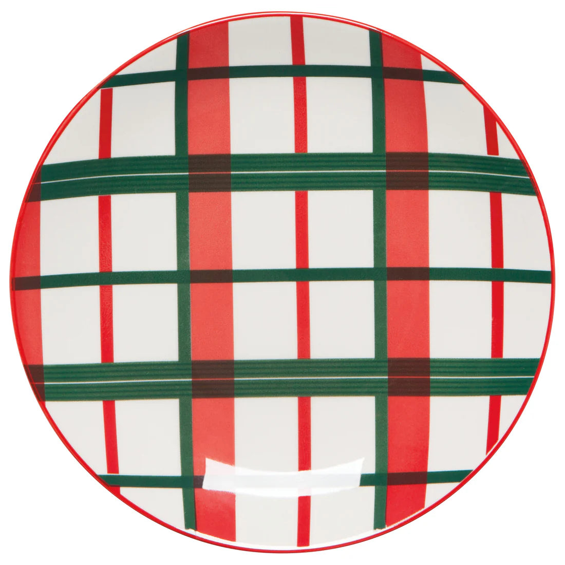 white plate with red and green plaid design.