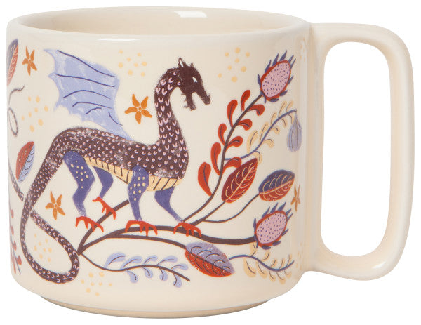 off-white mug with dragon and floral design in shades of purple and orange.