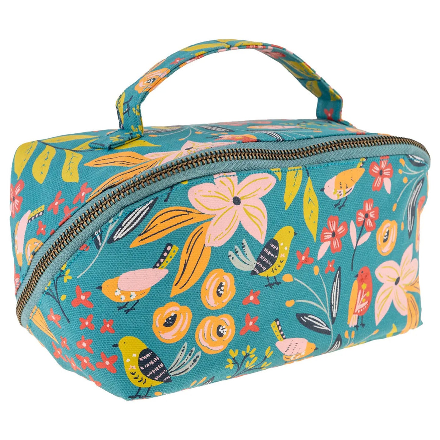 blue zipper bag with floral and bird design on a white background.