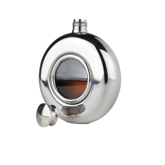 round stainless steel flask with lid off and set next to it