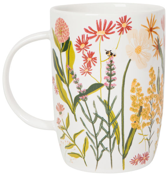other side of bees and blooms mug on a white background.