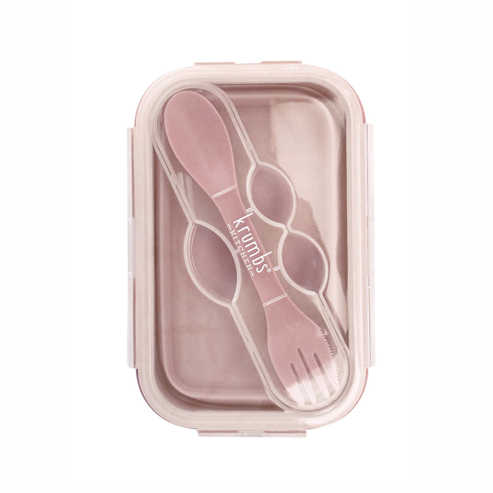 pink silicone container with utensil in the lid.