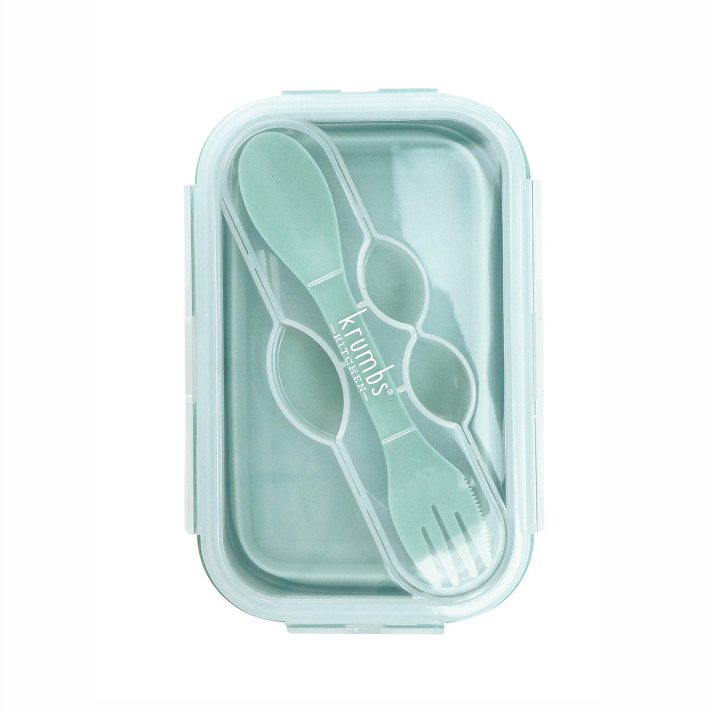teal silicone container with utensil in the lid.