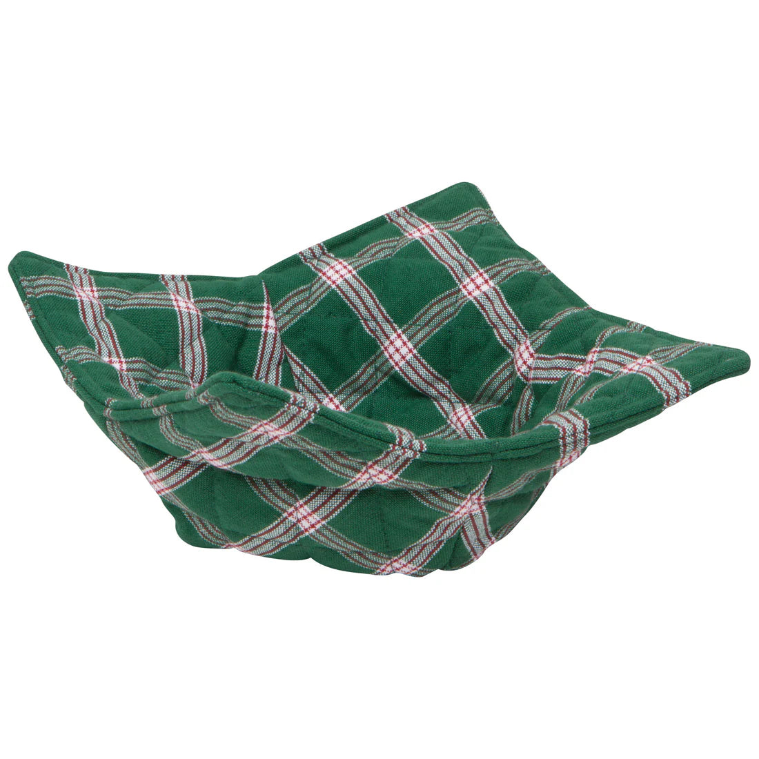 green bowl cozy with red and white plaid pattern.