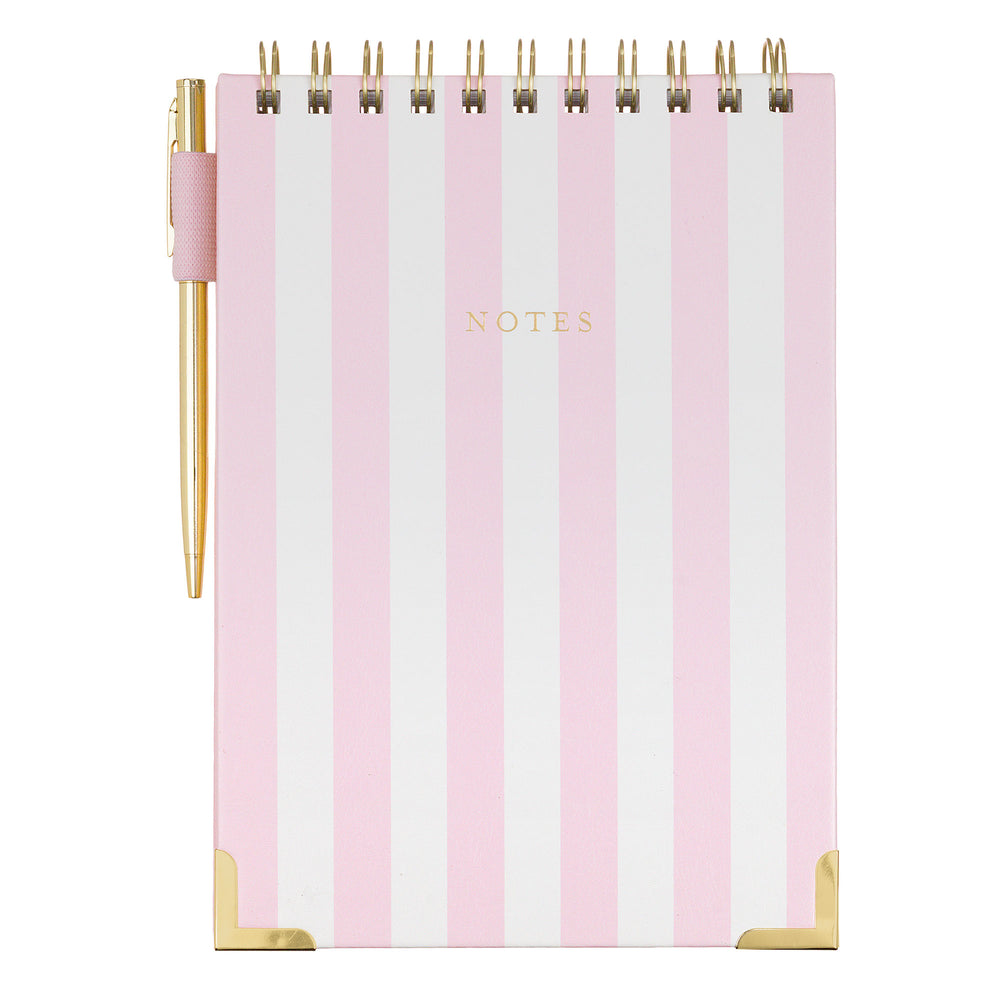 Notebook with pink and white striped cover and gold accents on a white background