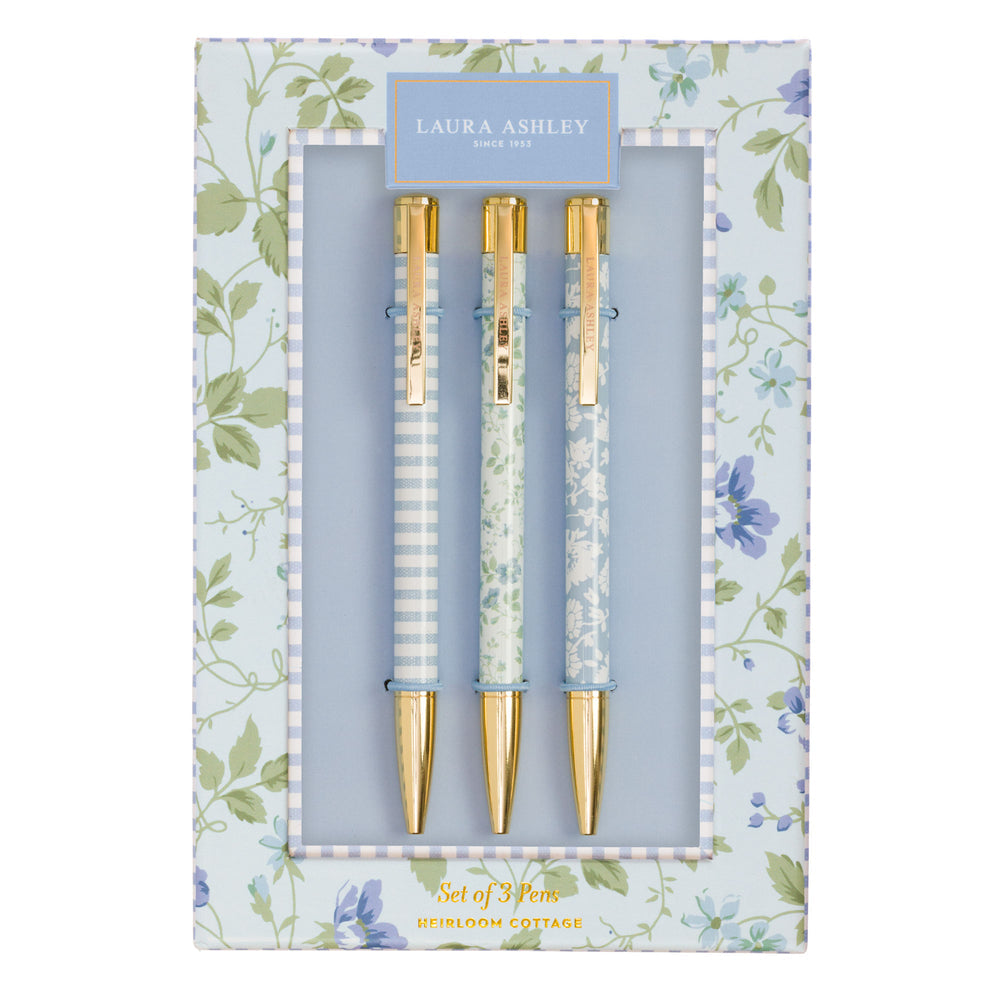 Set of three pens in a floral packaging with 'Laura Ashley' branding.