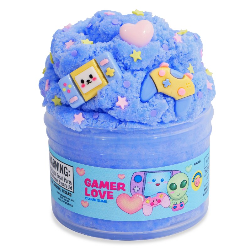 peachybbies container of periwinkle colored slime with video game charms, star spinkles, and heart charms. note this is slime and not food