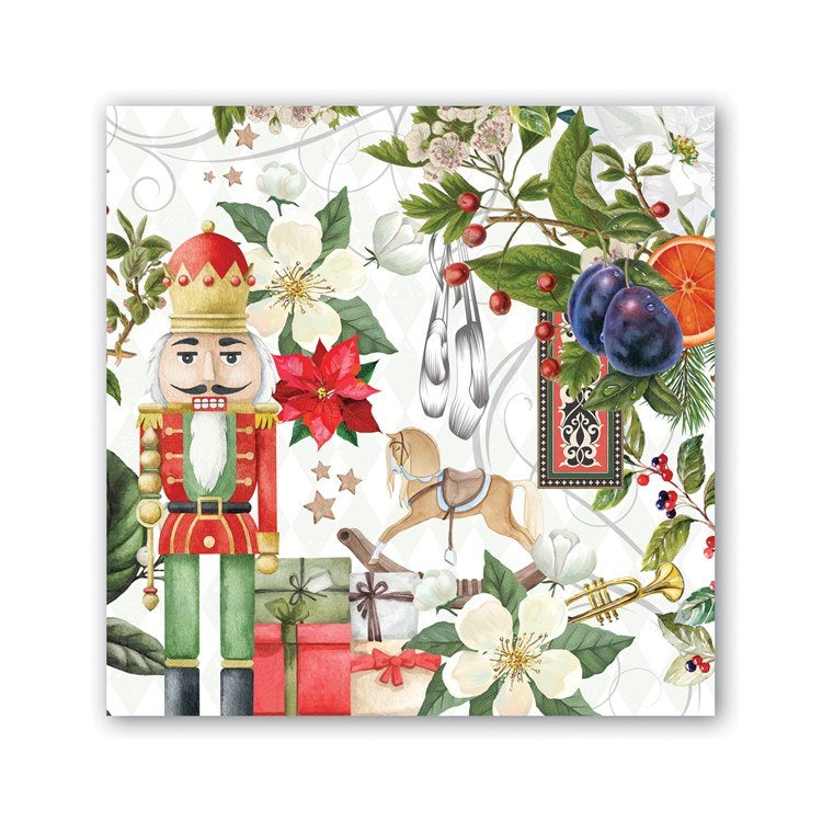 nutcracker suite napkin with colorful design of a nutcracker surrounded by winter florals.