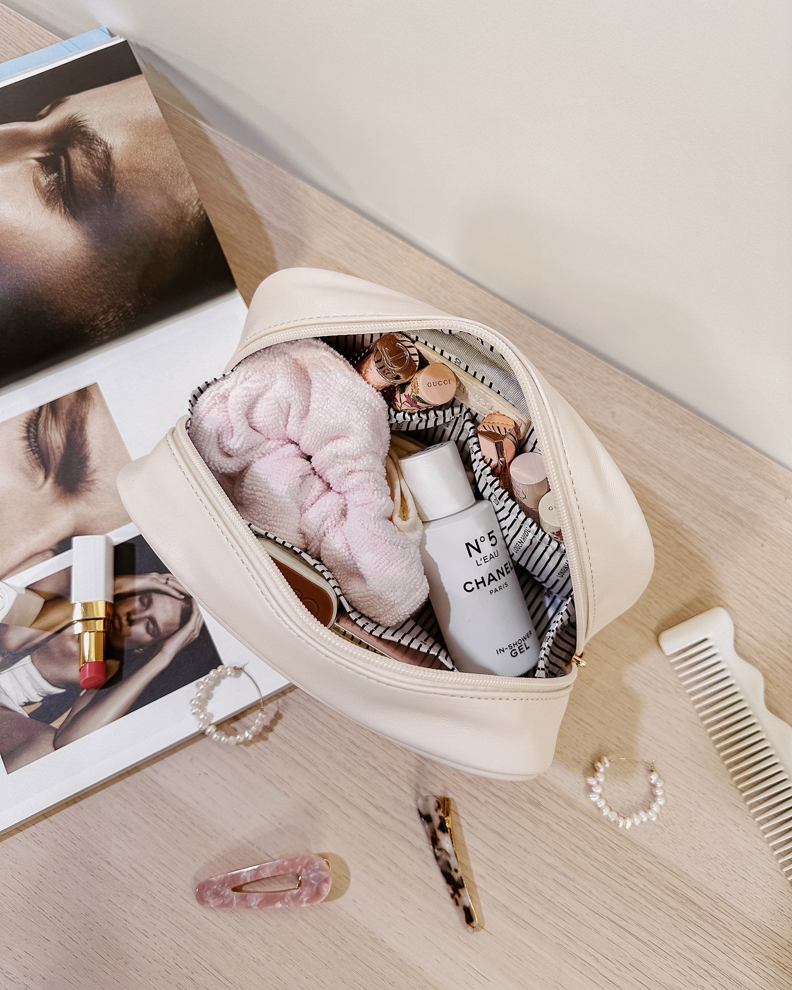 open view of vanilla Lacey Quilted Cosmetic Bag