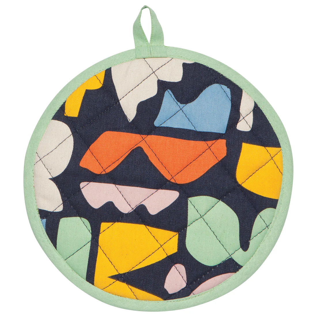 round navy potholder with colorful shapes printed on it.