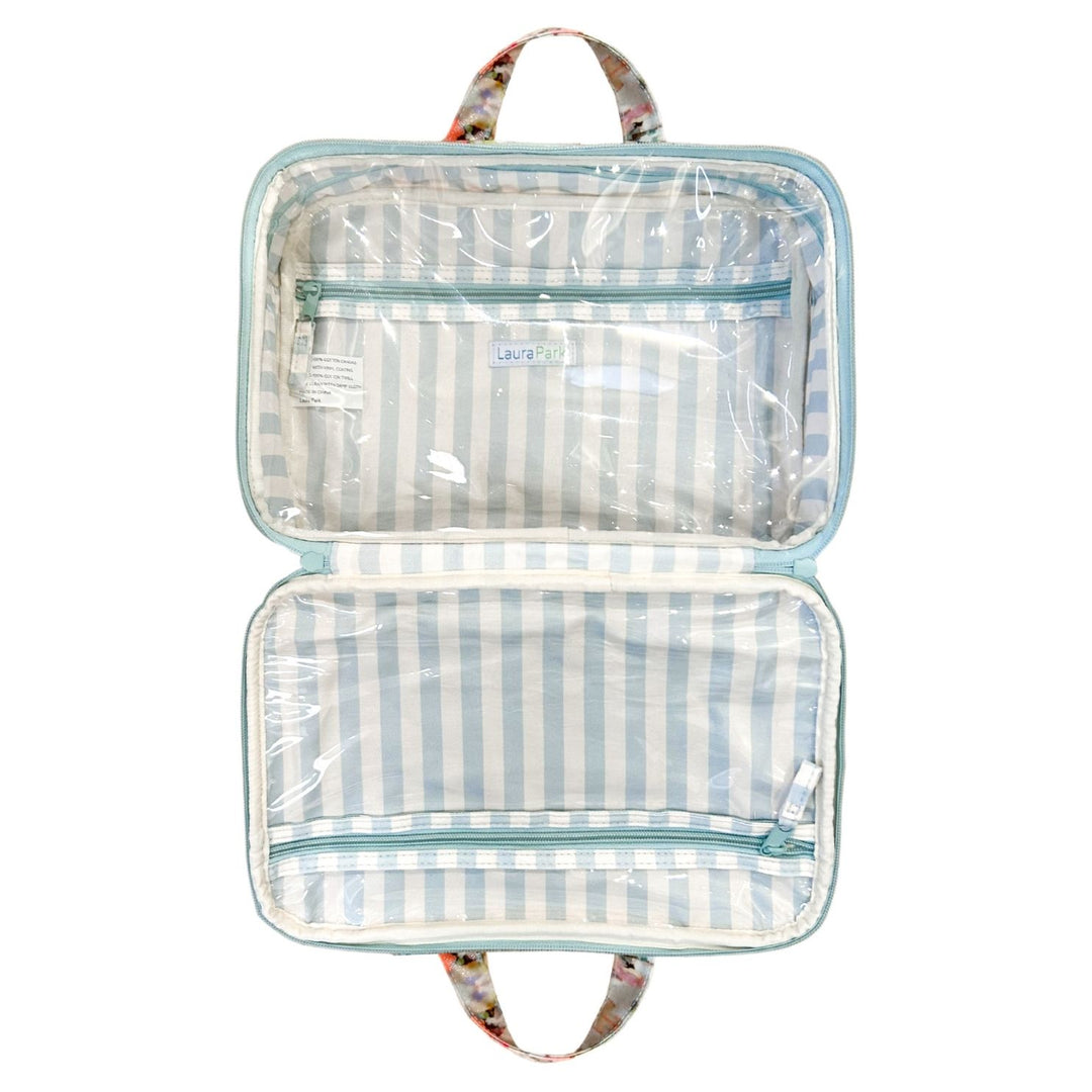 interior view of a cosmetic travel bag showing zippered pockets and clear lining