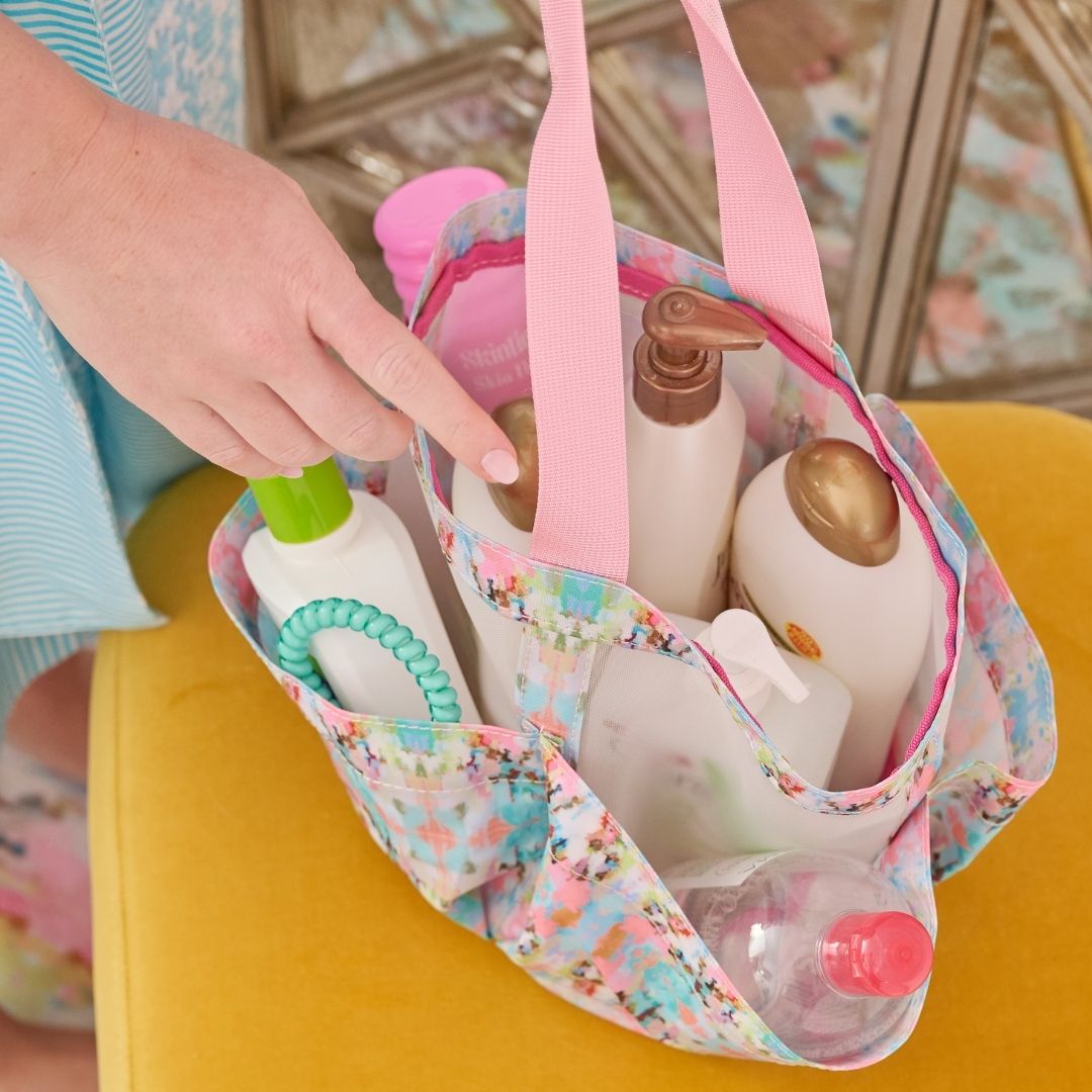 brooks avenue shower caddy filled with soaps and other bathroom products