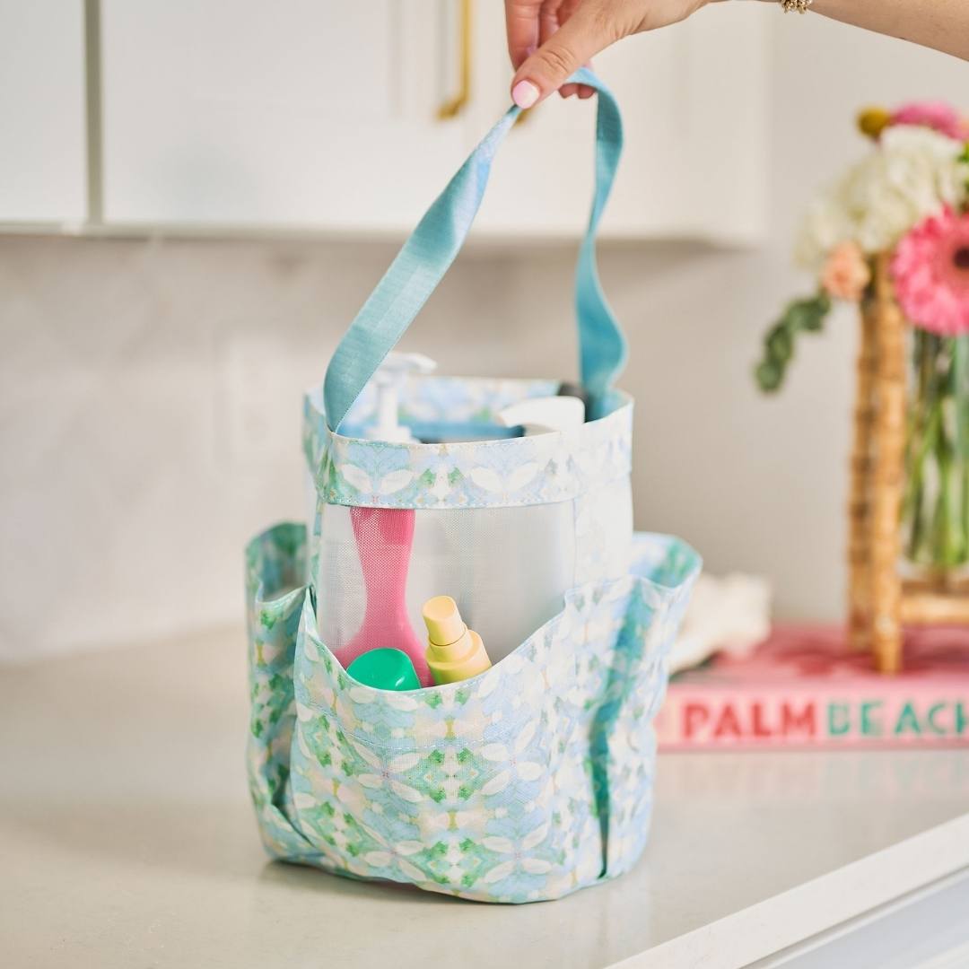 elephant falls shower caddy filled with shower and bath proucts
