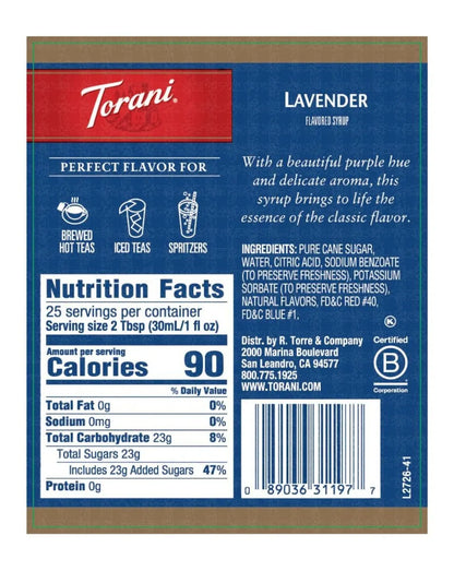 torani lavender syrup nutritional label