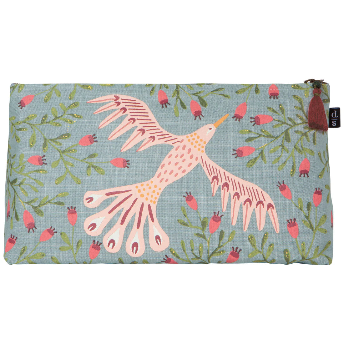 blue zipper bag with bird and foliage design and a maroon tassel on the zipper pull.