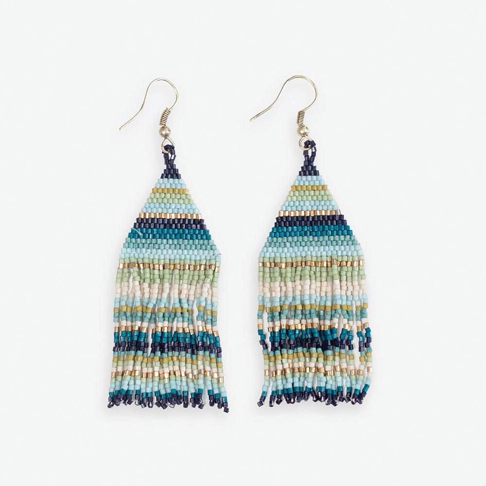 Lexie Horizontal Stripes Beaded Fringe Earrings with hues of blue, green, and gold