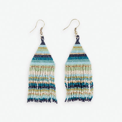 Lexie Horizontal Stripes Beaded Fringe Earrings with hues of blue, green, and gold