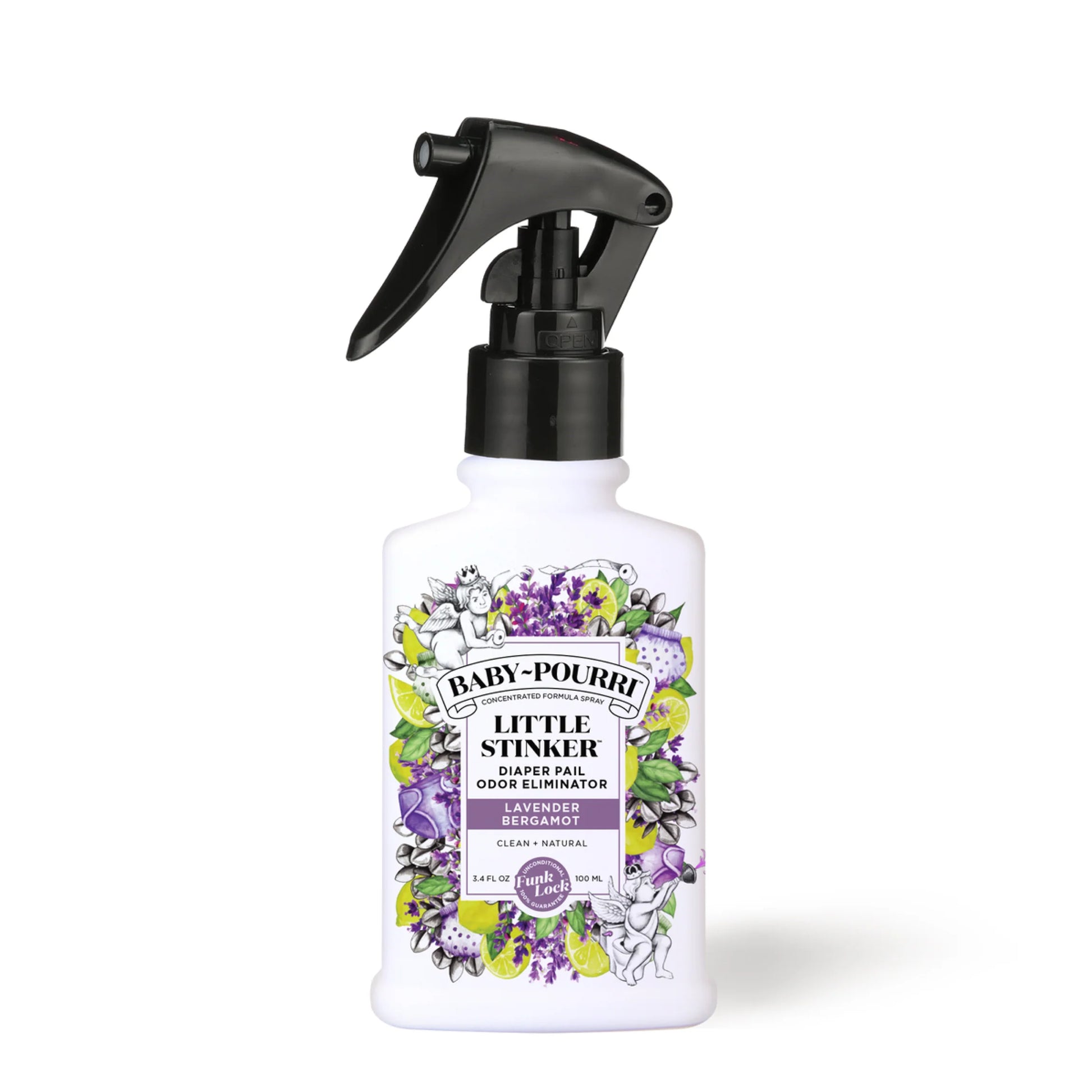 bottle of little stinker spray with a floral and citrus label  on a white background.