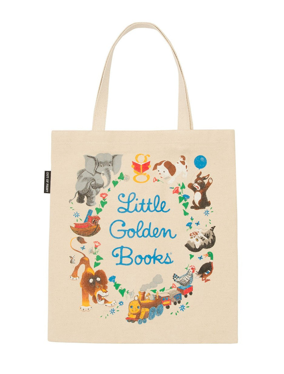 front of tan tote with blue text "little golden books" with whimsical book characters