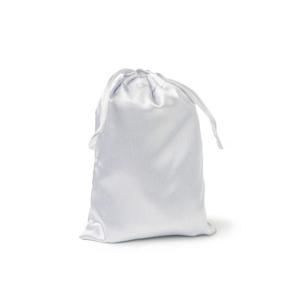 white Bye Bye Bedhead Silky Satin King Pillowcase displayed in white satin draw string bag against a white background