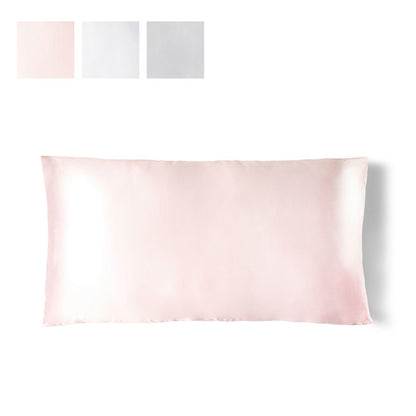 pink Bye Bye Bedhead Silky Satin King Pillowcase and three color swatches displayed against a white background